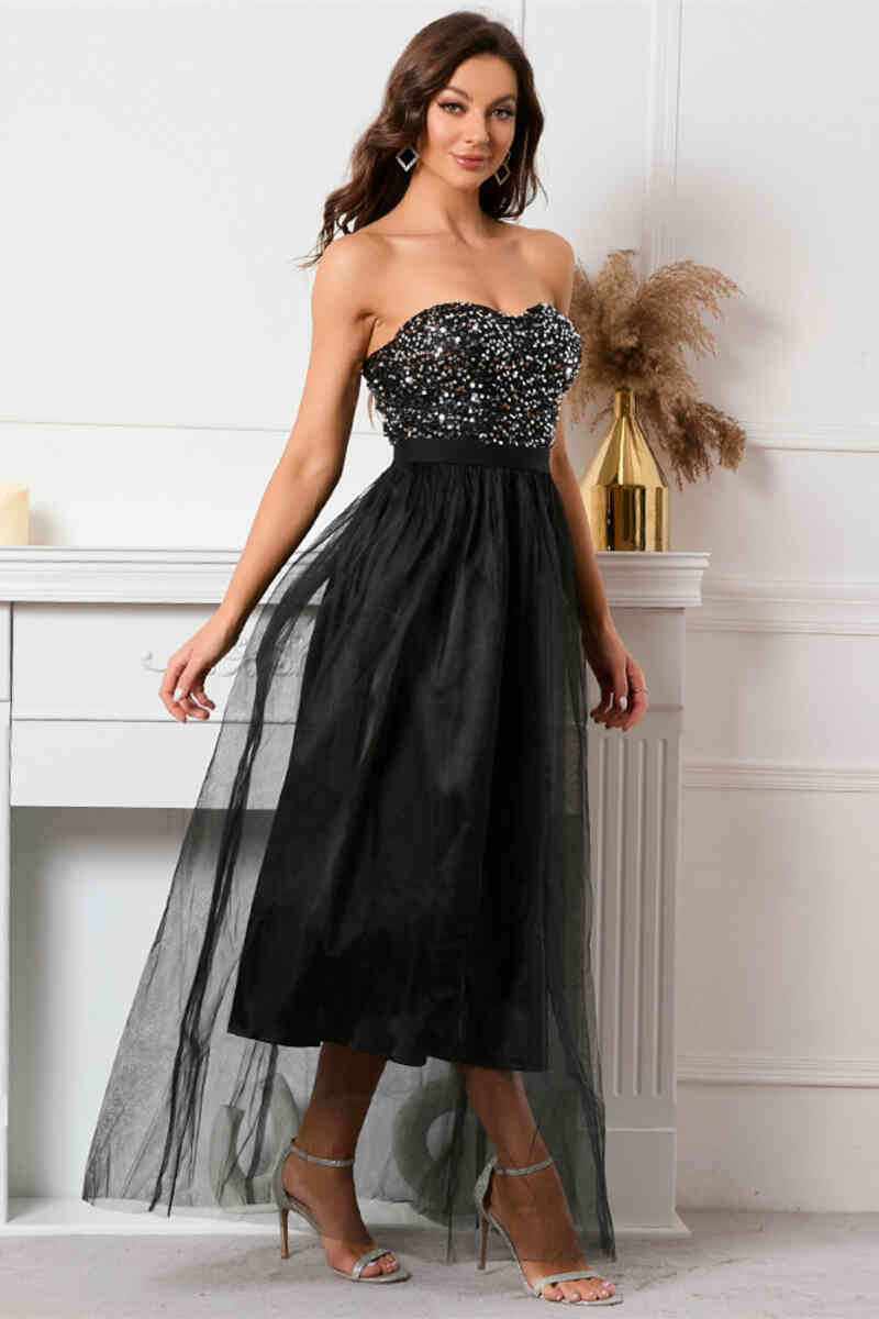 Sequin Top Sweetheart Black Long Evening Dress