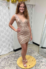 Glitter Rose Gold V-Neck Tight Homecoming Dress