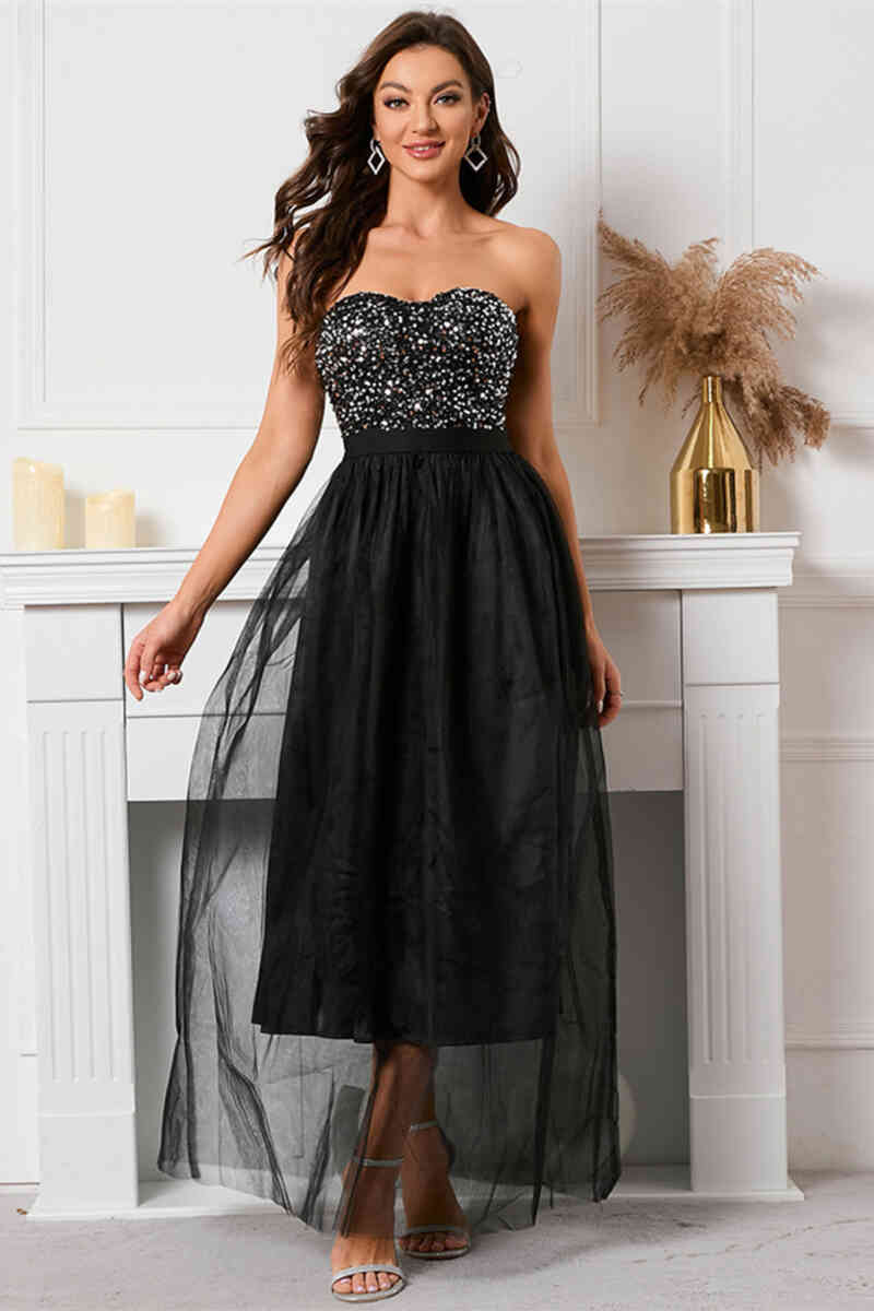 Sequin Top Sweetheart Black Long Evening Dress