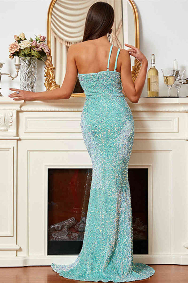 One Shoulder Mint Green Ruched Long Evening Dress