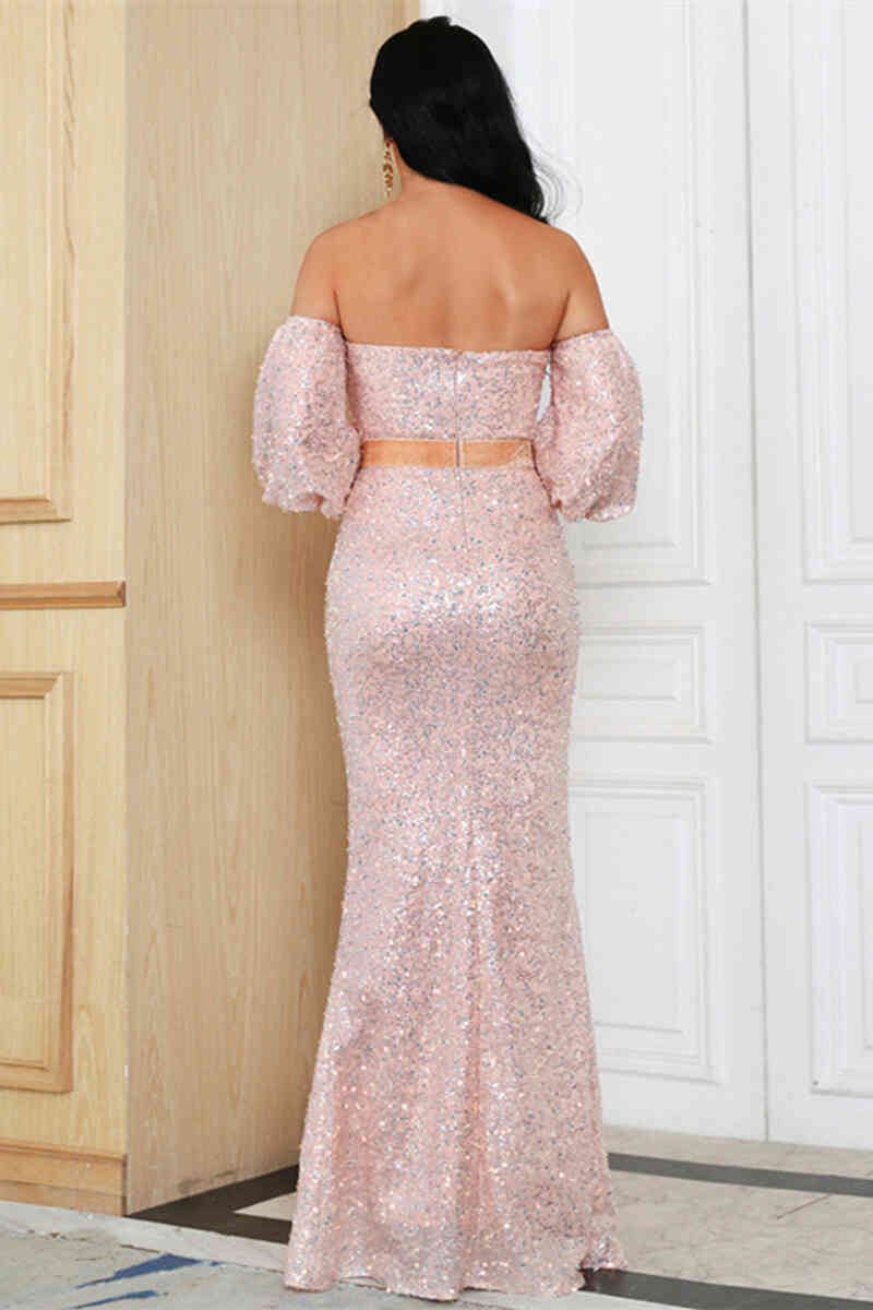 Sparkle Off the Shoulder Pink Sequins Evening Dress with Puff Sleeves