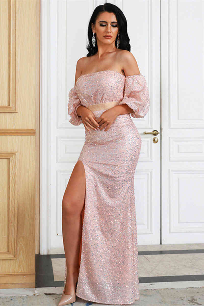 Sparkle Off the Shoulder Pink Sequins Evening Dress with Puff Sleeves