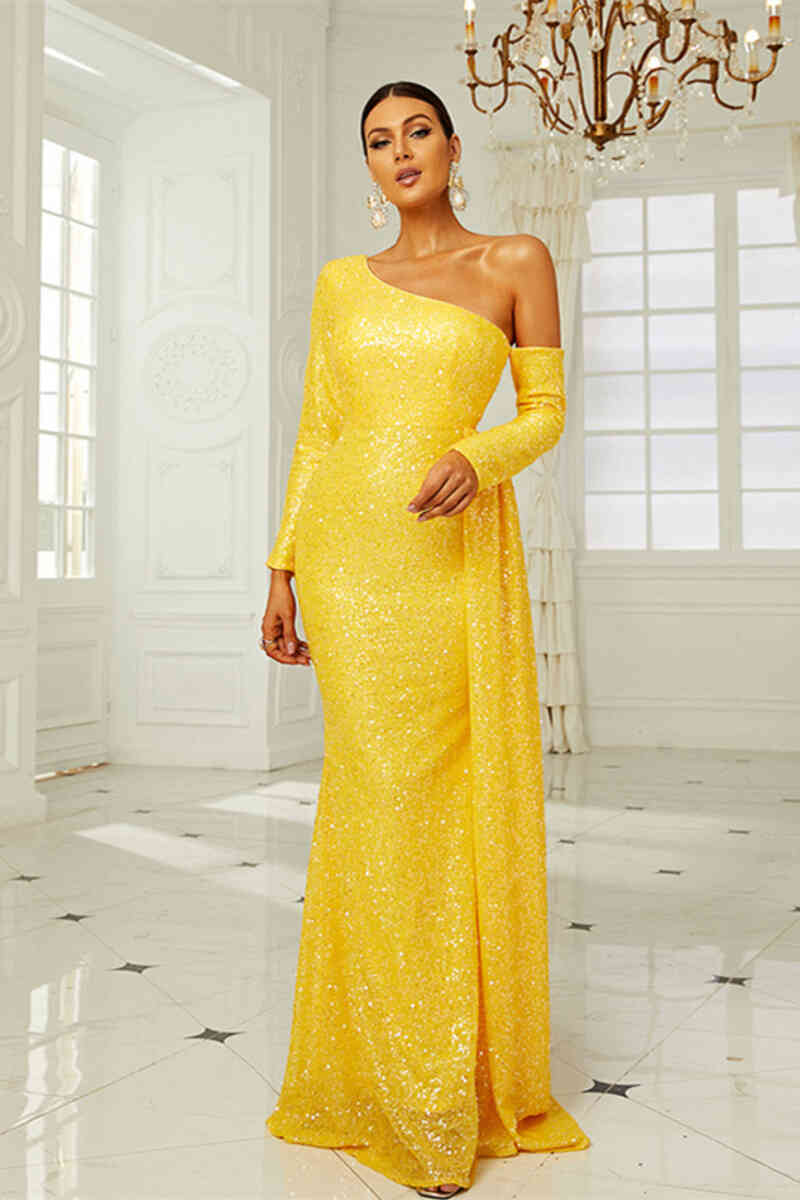 Long Sleeves Yellow Sequins One Shoulder Long Evening Dress