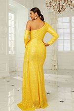 Long Sleeves Yellow Sequins One Shoulder Long Evening Dress