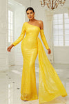 Long Sleeves Yellow Sequins One Shoulder Long Evening Dress