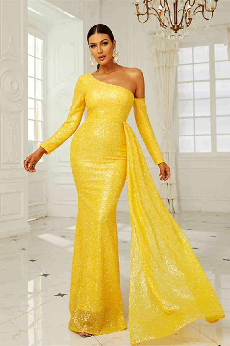 Long Sleeves Yellow Sequins One Shoulder Long Evening Dress FancyVestido Long Sleeves Yellow Sequins One Shoulder Long Evening Dress FancyVestido