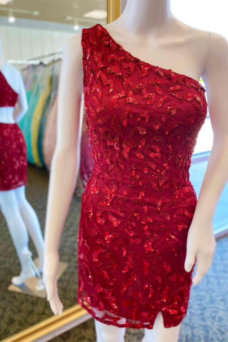 One Shoulder Red Tight Homecoming Dress with Sequin Appliques