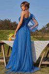 One Shoulder Blue Polka Dots Tulle Evening Dress