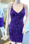 V-Neck Purple Sequins Short Homecoming Dress with V-Neck