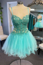 Mint Blue Cute Tulle Short Party Dress with Appliques