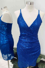 V-Neck Sequined Blue Bodycon Homecoming Dress