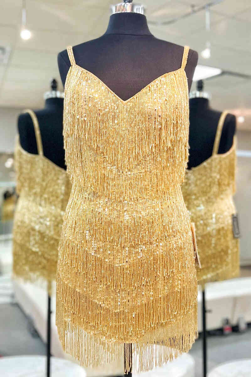 Fringe Bodice Gold Mini Homecoming Dress