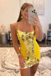 Gold Cut Glass Mirror Sequins Tight Homecoming Dress