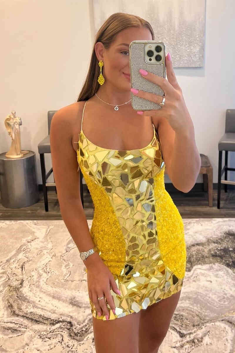 This tight short homecoming dress features hater neckline and sequins. FancyVestido This tight short homecoming dress features hater neckline and sequins. FancyVestido