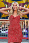 Cowl Neck Red Sequins Lace-Up Short Homecoming Dress