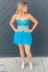 Sweetheart Blue Sequins Midi Homecoming Dress with Feather