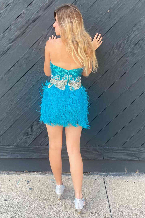 Sweetheart Blue Sequins Midi Homecoming Dress with Feather