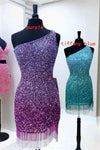 Fringe Hem Purple Sequins Bodycon Homecoming Dress