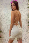 Tight White Homecoming Dress with Grid Lace Bodice