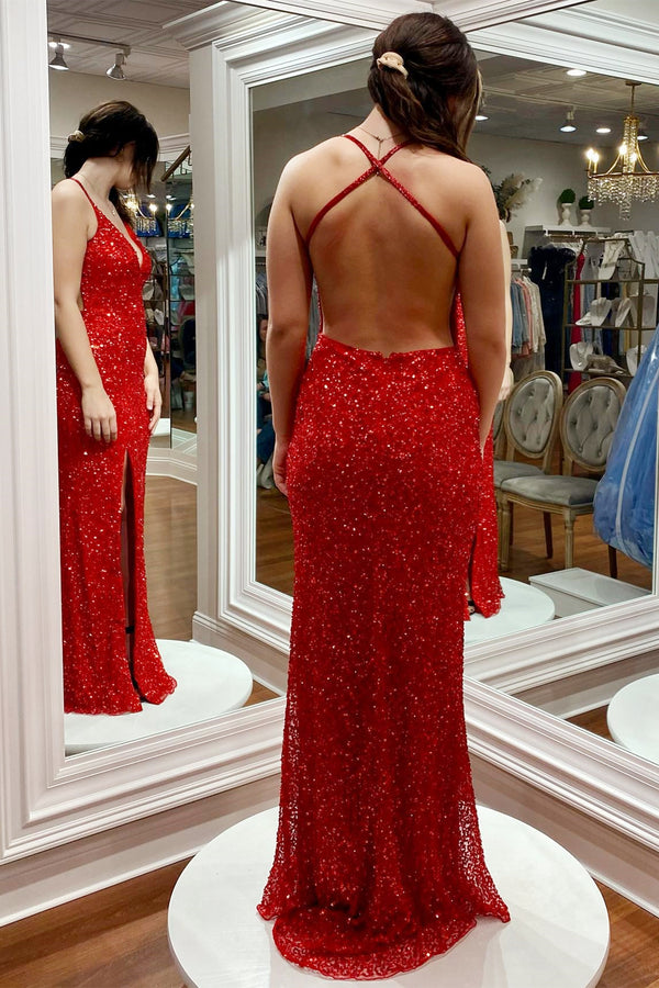 Criss Cross Back Red Sequins Long Mother of Bride Dress
