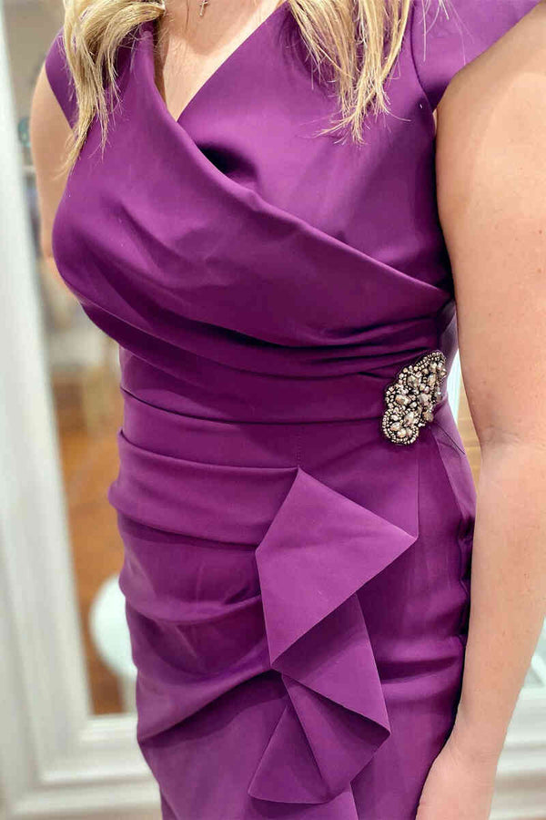 Cap Sleeve Ruched Purple Beaded Mother of Bride Dress
