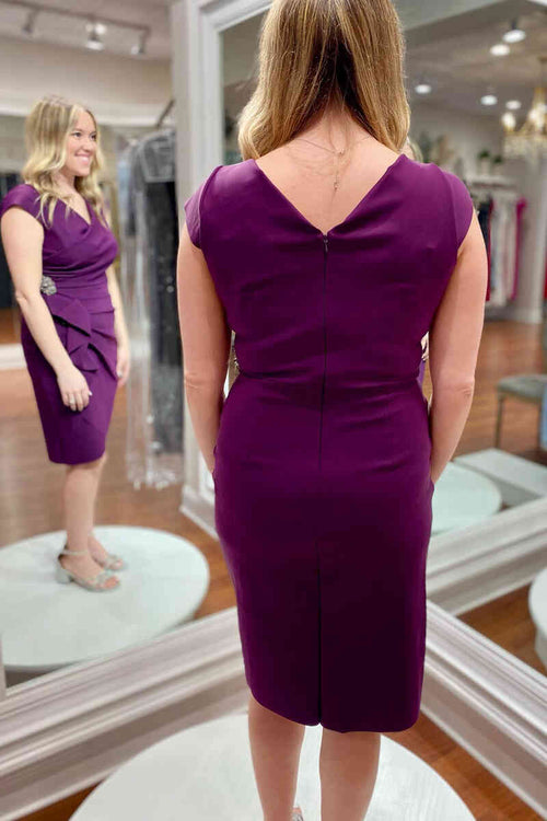 Cap Sleeve Ruched Purple Beaded Mother of Bride Dress