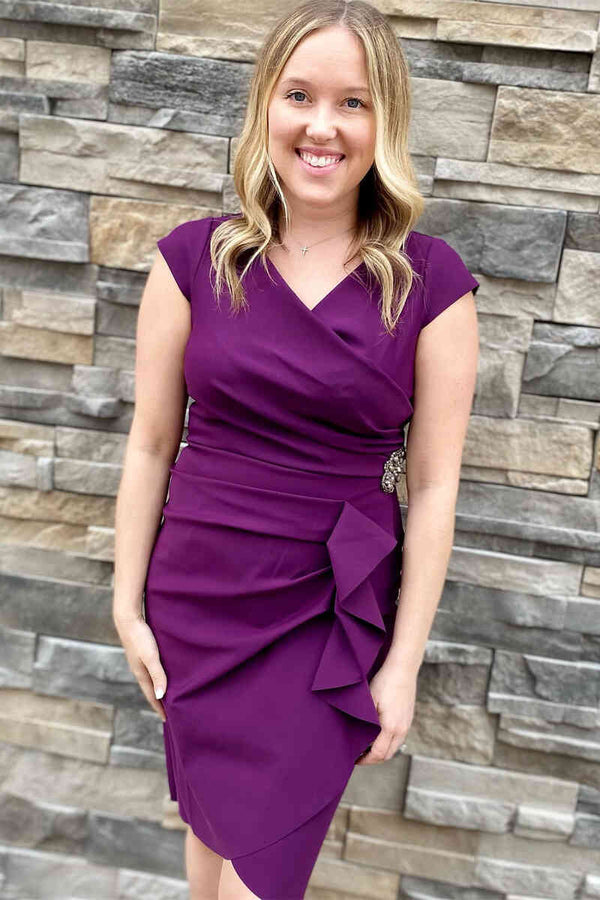 Cap Sleeve Ruched Purple Beaded Mother of Bride Dress