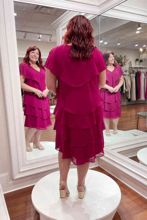 Elegant V-Neck Magenta Tiered Chiffon Mother of the Bride Dress