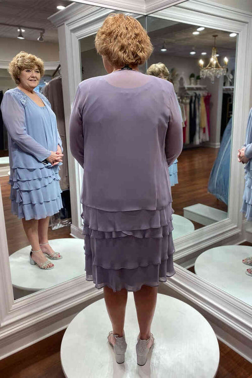 Dusty Purple Ruffled Mother of the Bride Dress with Cardigan