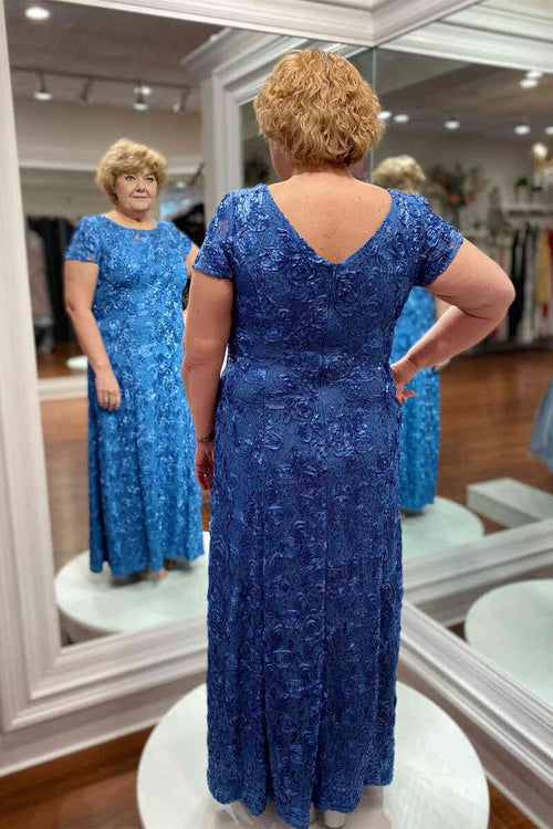 Crew Neck Blue Appliques Long Mother of Bride Dress