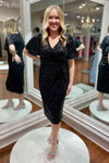 Glitter Ruched Black Sequined Mother of Bride Dress