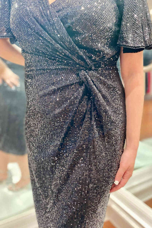 Glitter Ruched Black Sequined Mother of Bride Dress
