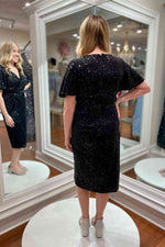 Glitter Ruched Black Sequined Mother of Bride Dress