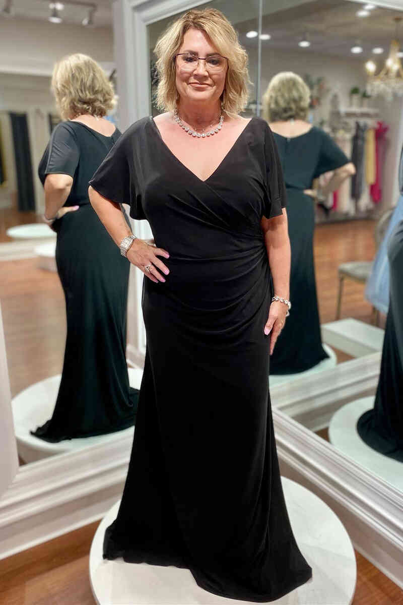 Short Sleeves V-Neck Black Long Mother of Bride Dress