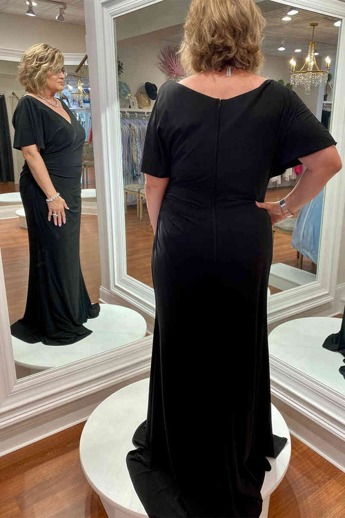 Short Sleeves V-Neck Black Long Mother of Bride Dress