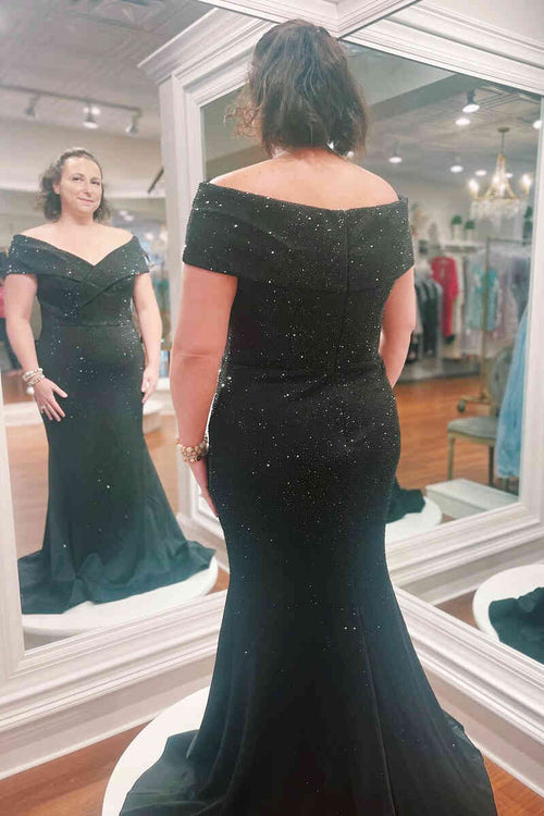 Mermaid Off the Shoulder Black Crystal Mother of Bride Dress