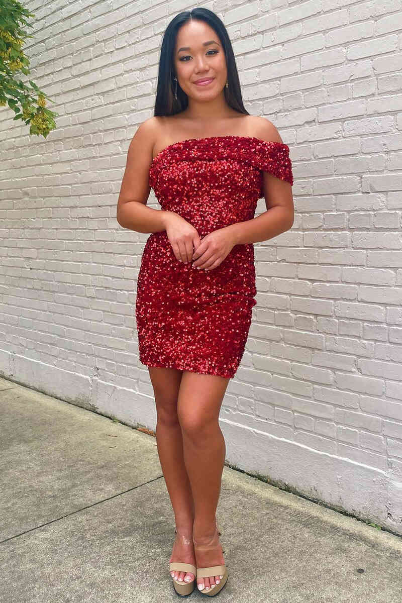 Off the Shoulder Burgundy Sequins Bodycon Homecoming Dress