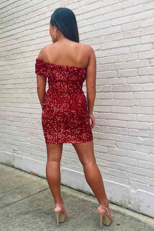 Off the Shoulder Burgundy Sequins Bodycon Homecoming Dress