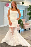 Mermaid Square Neck White Lace Tulle Bridal Dress