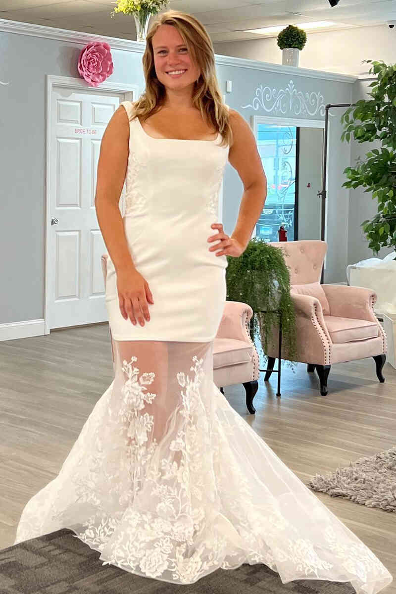 Mermaid Square Neck White Lace Tulle Bridal Dress FancyVestido Mermaid Square Neck White Lace Tulle Bridal Dress FancyVestido