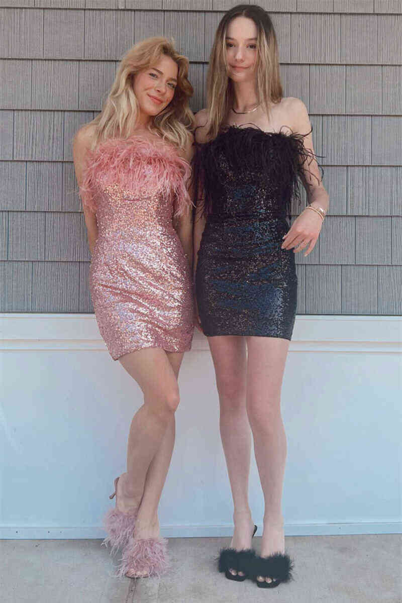 Strapless Rose Gold Tight Homecoming Dress with Feather