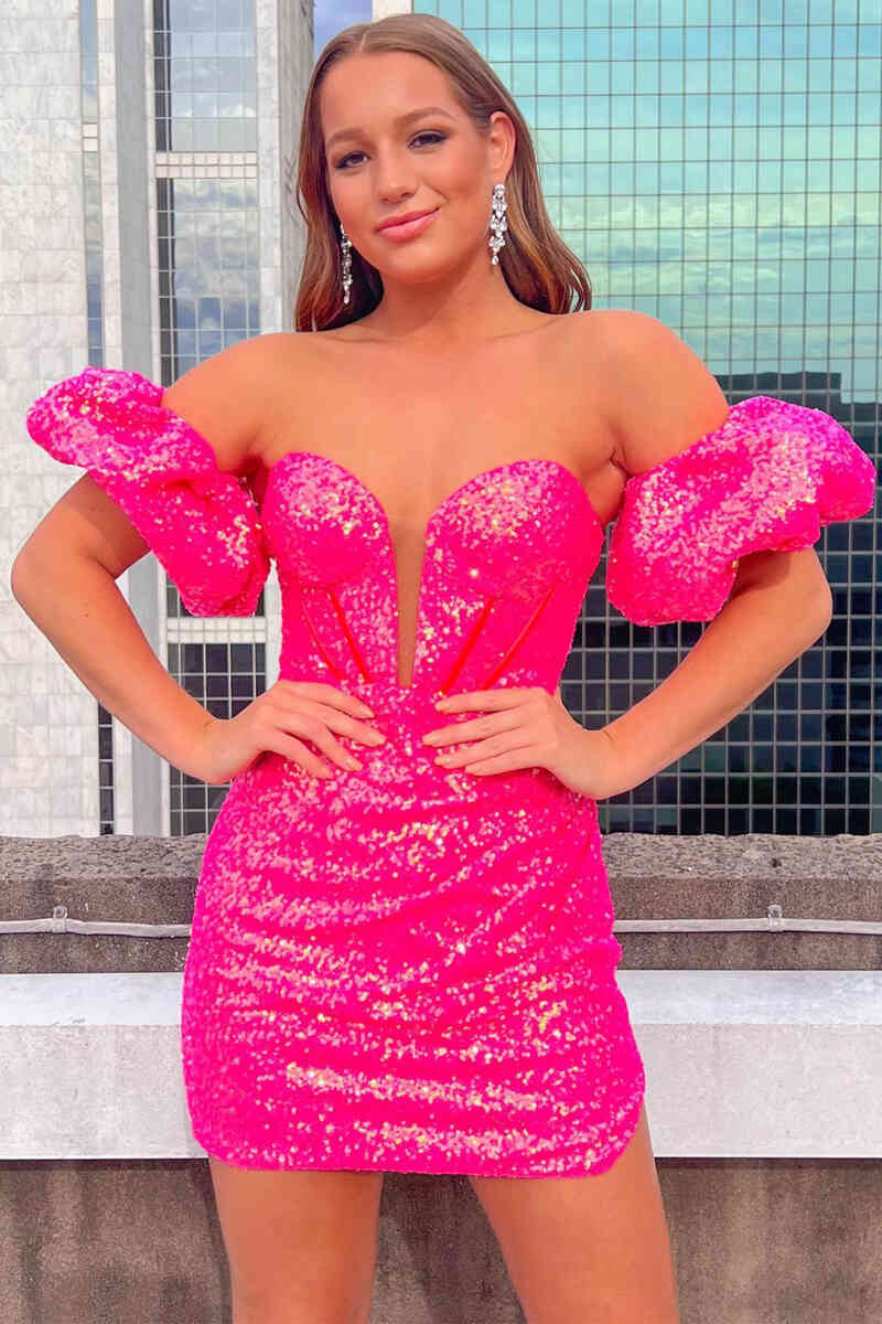 Sweetheart Puff Sleeves Hot Pink Tight Homecoming Dress