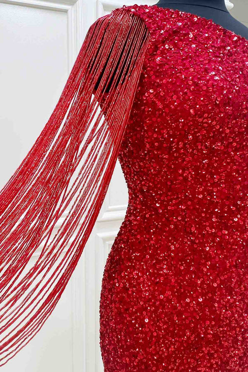 Beaded Long Sleeve Red Sequins Mini Homecoming Dress