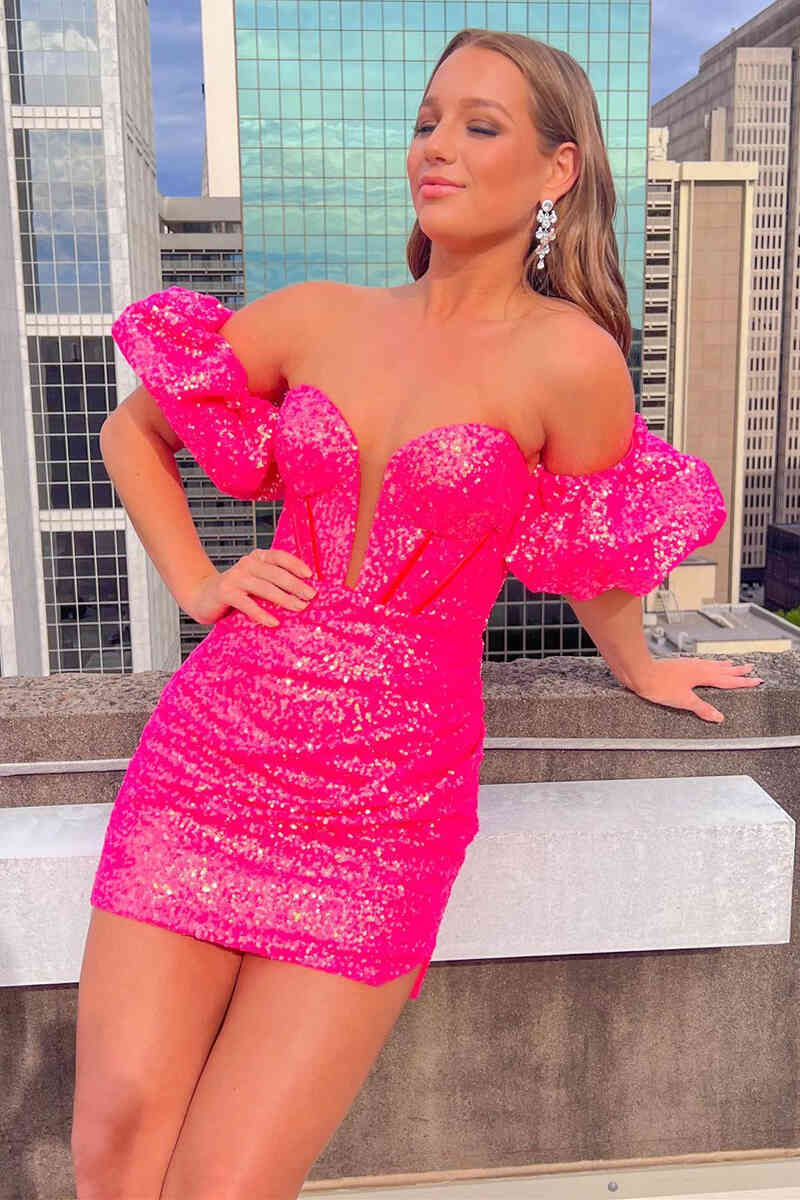 Sweetheart Puff Sleeves Hot Pink Tight Homecoming Dress