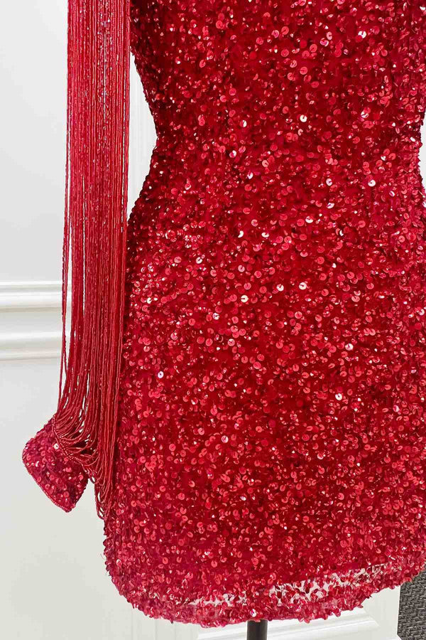 Beaded Long Sleeve Red Sequins Mini Homecoming Dress