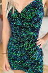 V-Neck Chain Straps Green Sequins Mini Homecoming Dress