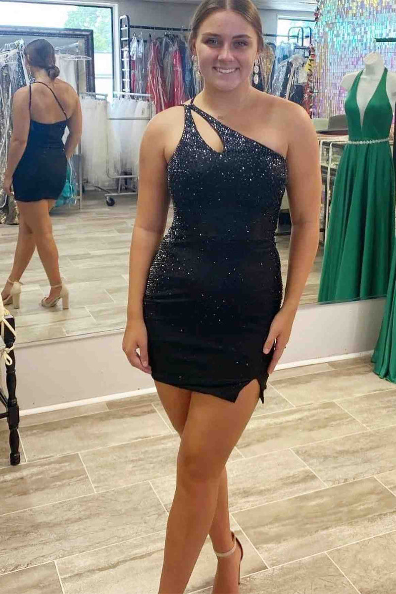 Black One Shoulder Bodycon Homecoming Dress with Crystal