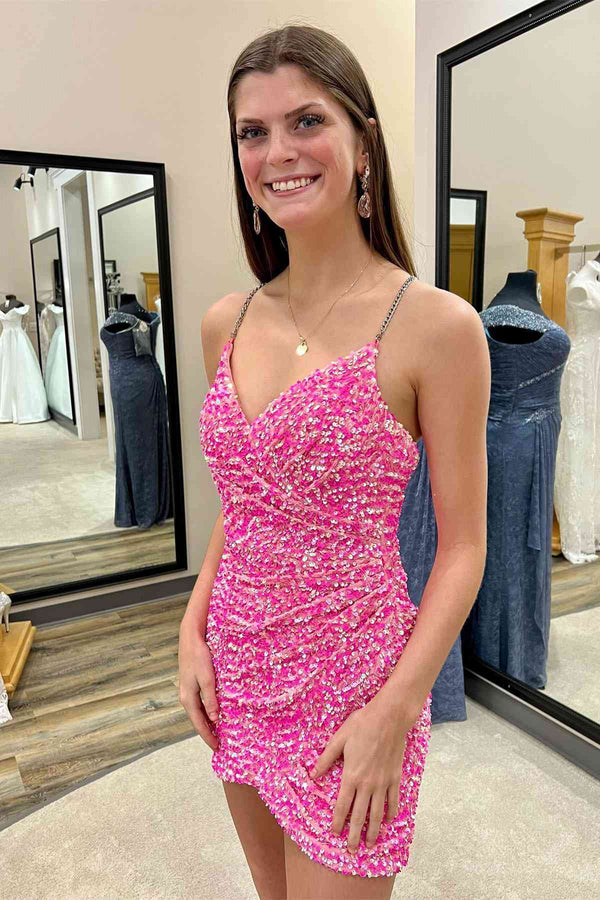 V-Neck Chain Straps Green Sequins Mini Homecoming Dress