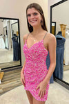 V-Neck Chain Straps Green Sequins Mini Homecoming Dress
