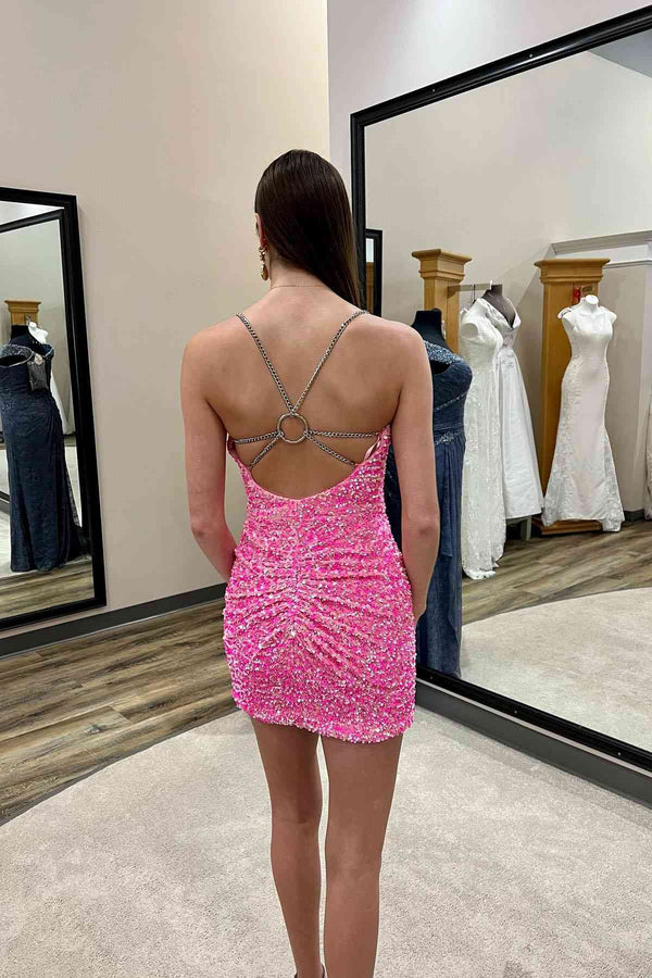 V-Neck Chain Straps Green Sequins Mini Homecoming Dress